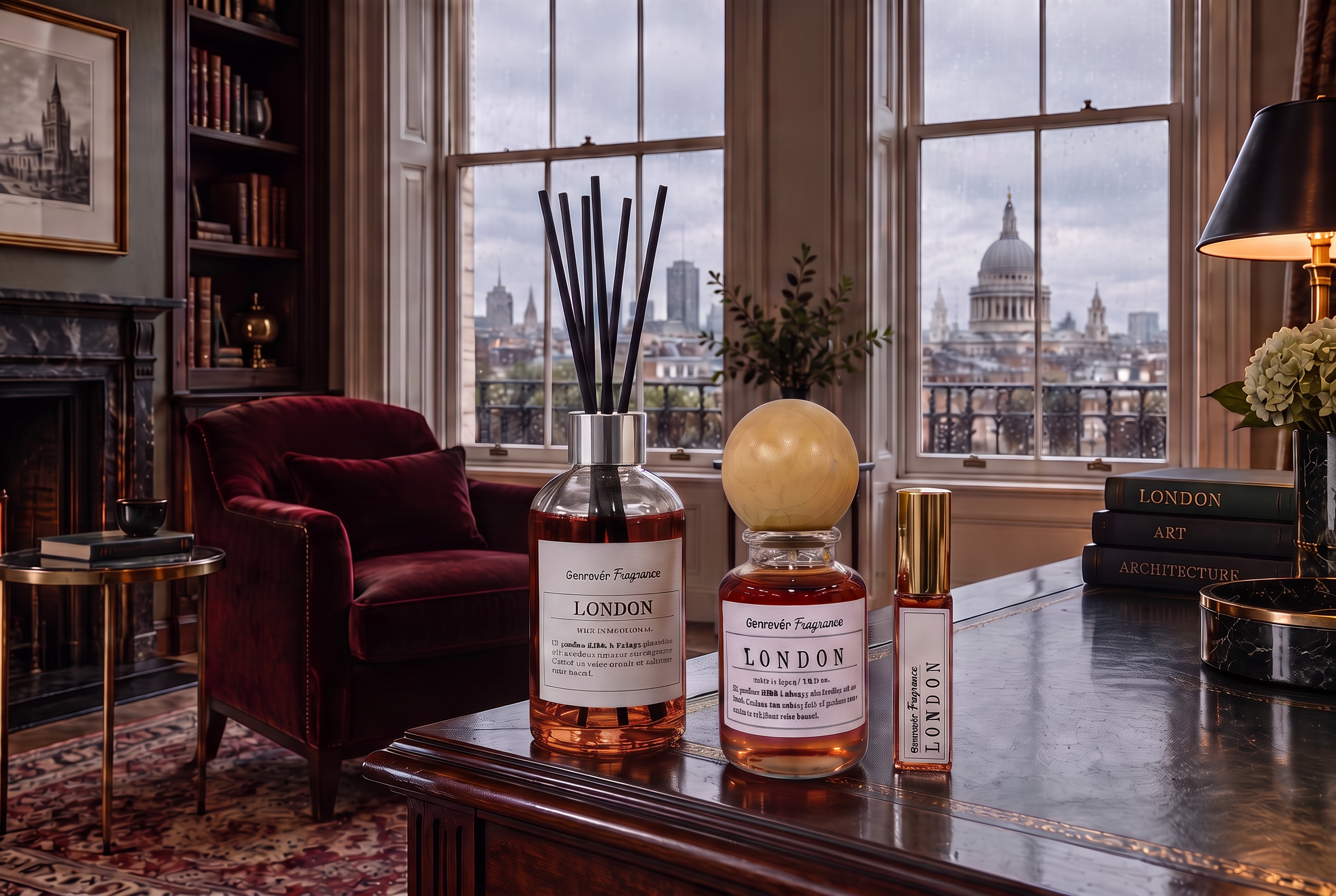 LONDONの部屋と香水ボトル