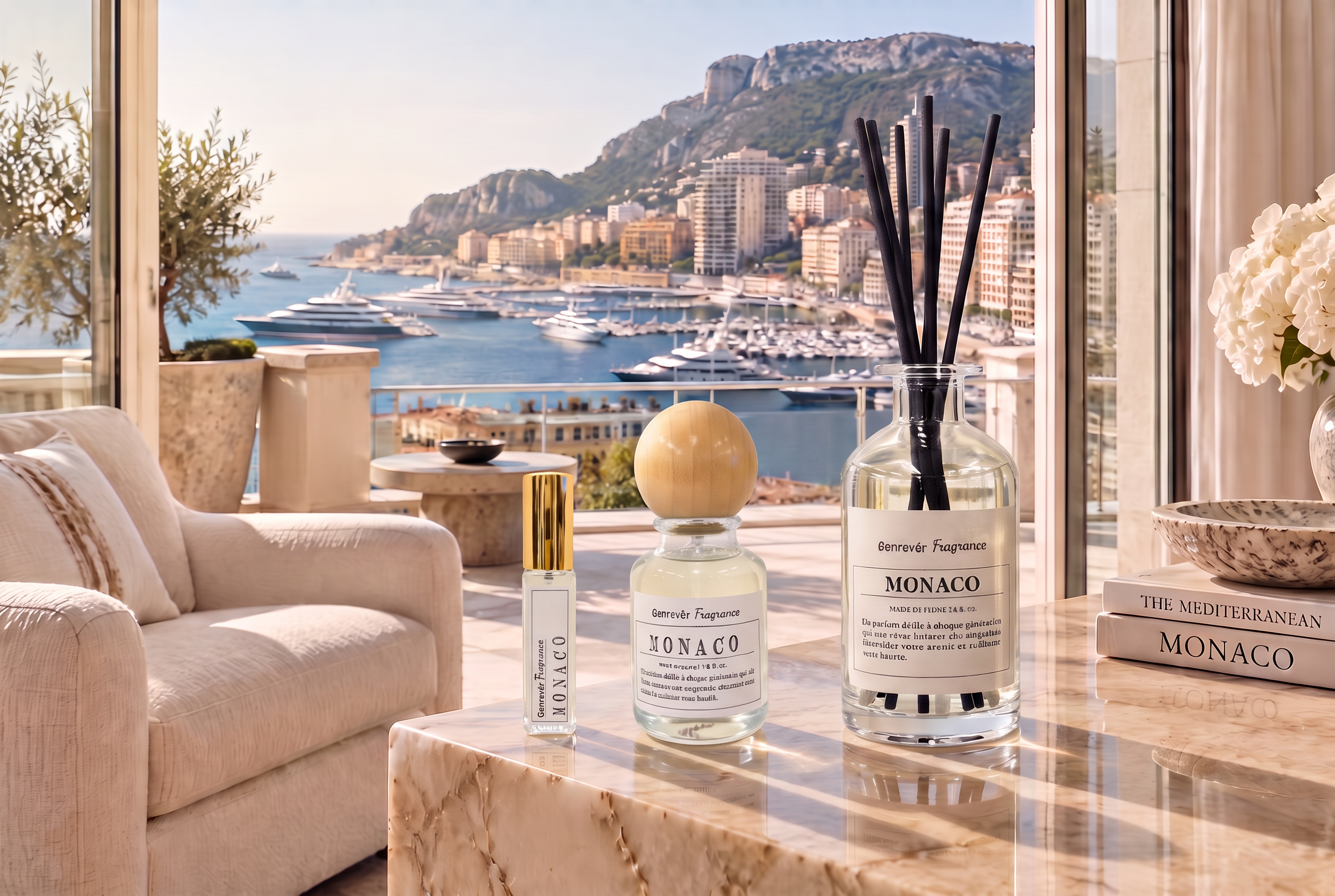 MONACOの部屋と香水ボトル